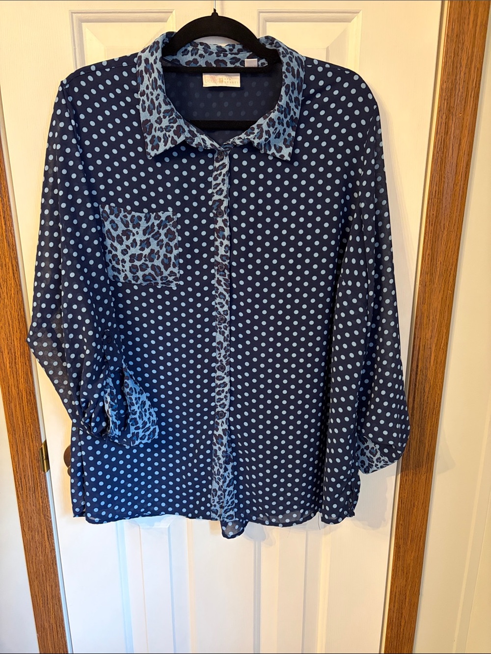 Belle by Kim Gravel Navy and Light Blue Polka Dot Button-Down Blouse